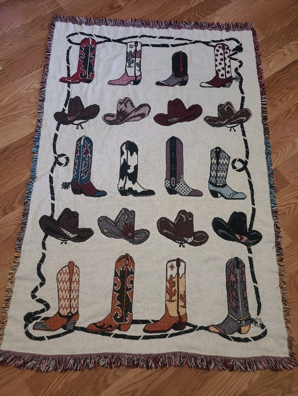 Vintage Woven Southwestern Tapestry Blanket Cowboy Boots Hats Lasso Rope 68"x45"